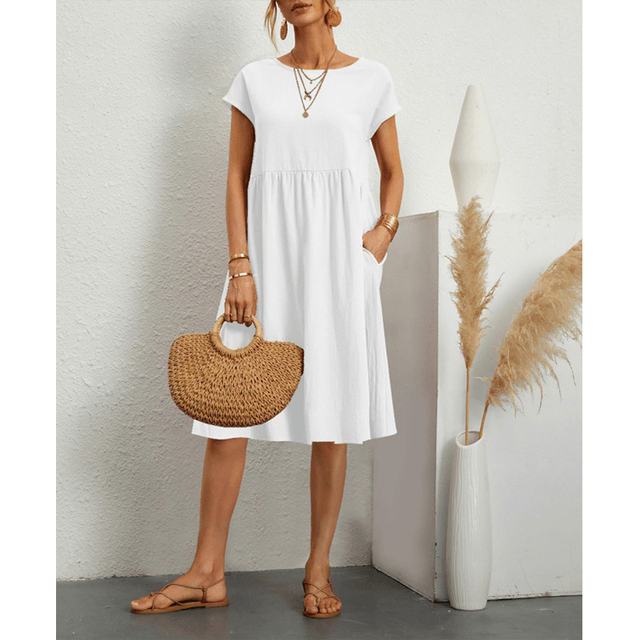 Robe midi d'été minimaliste pour femmes - Coton lin respirant et décontracté