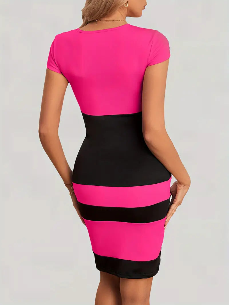 Robe Moulante Femme - Manches Courtes - Col Rond - Motif Color Block - Longueur Genou