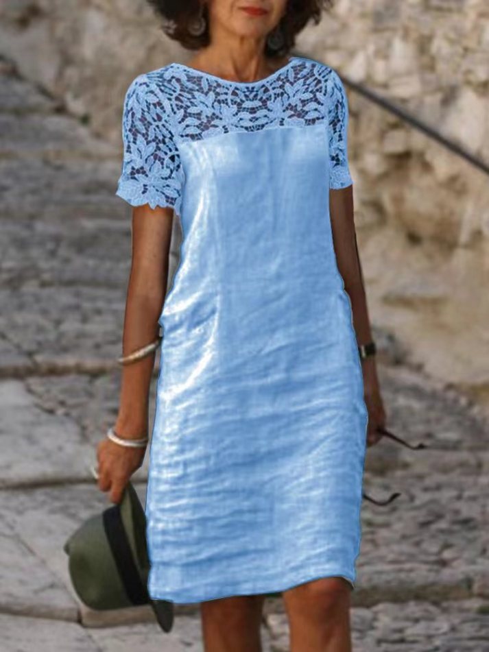 Robe Droite Femme - Manches Courtes - Dentelle Élégante - Tissu Léger Confortable