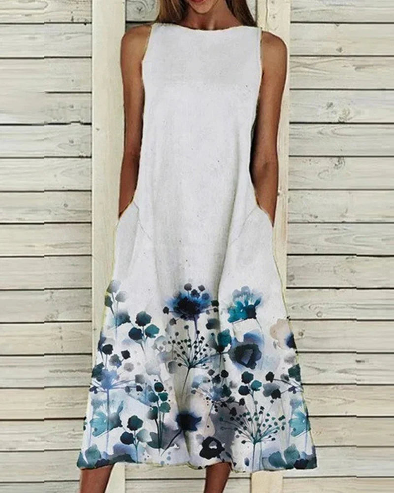 Robe midi femme – Sans manches – Coupe évasée – Encolure haute – Fibres naturelles
