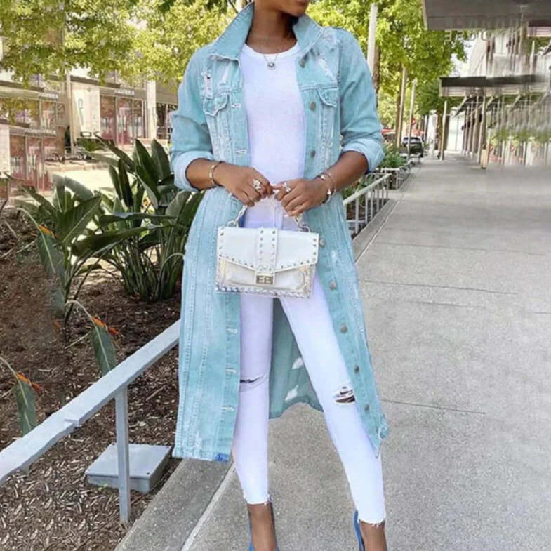 Manteau trench femme – Coupe droite décontractée – Denim – Détails usés – Longueur maxi