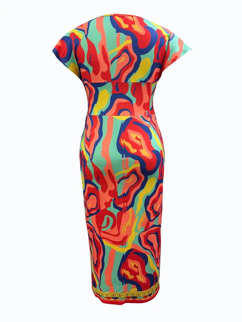Robe Midi Femme - Cintrée Patchwork Denim - Manches Courtes Col V Chic