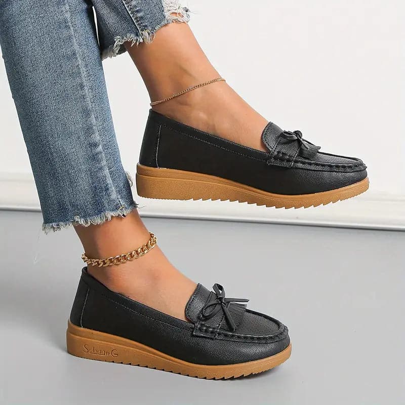 Mocassins Femme - Cuir Véritable - Bout Rond - Nœud Élégant - Confort Décontracté