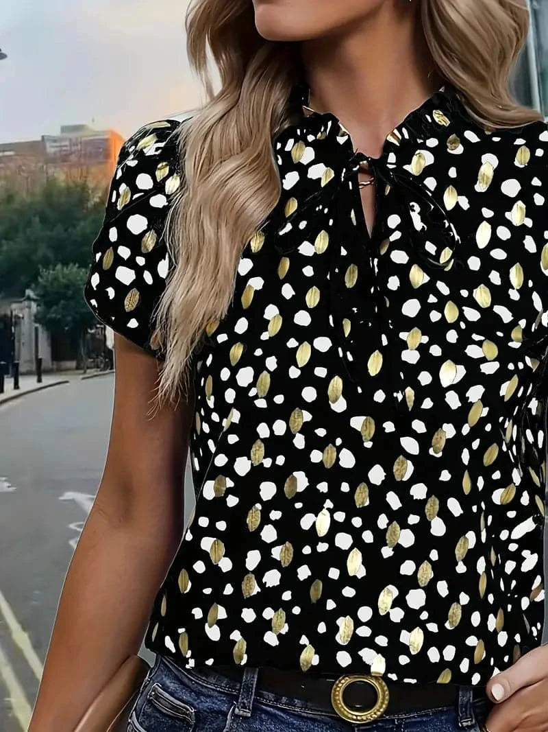 Chemisier chic à pois noirs et dorés - Élégant, ludique et polyvalent pour femme