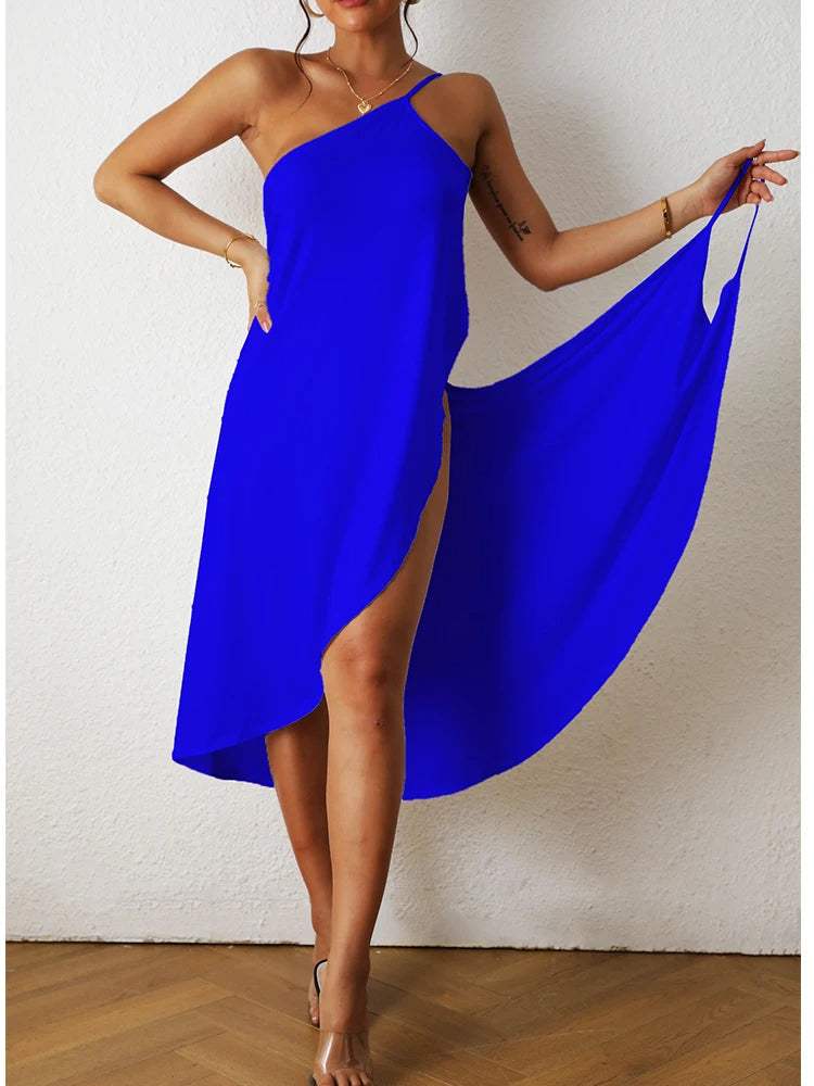 Robe Femme - Asymétrique Une Épaule - Coupe Fluide - Fendue Élégante