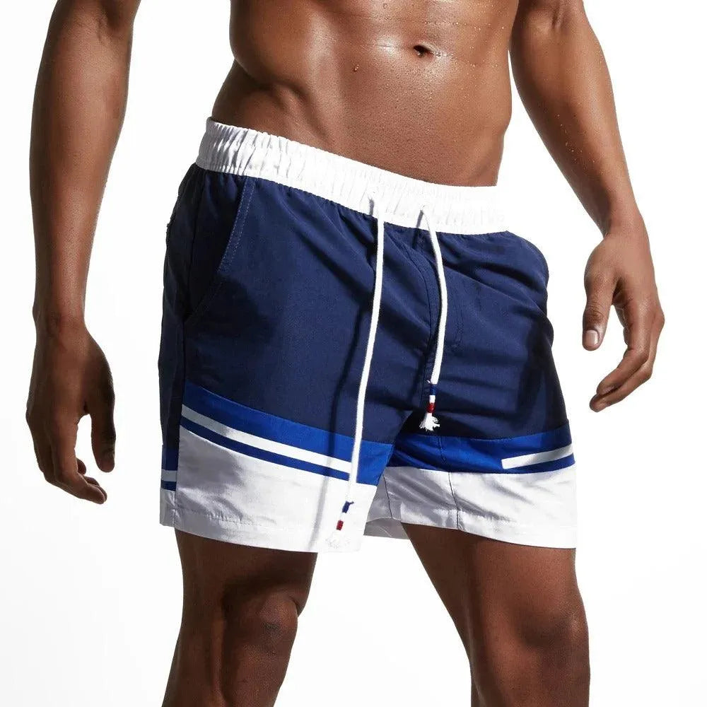 Short de Bain Homme - Taille Élastique avec Cordon - Motif Rayé - Coupe Mi-Longue