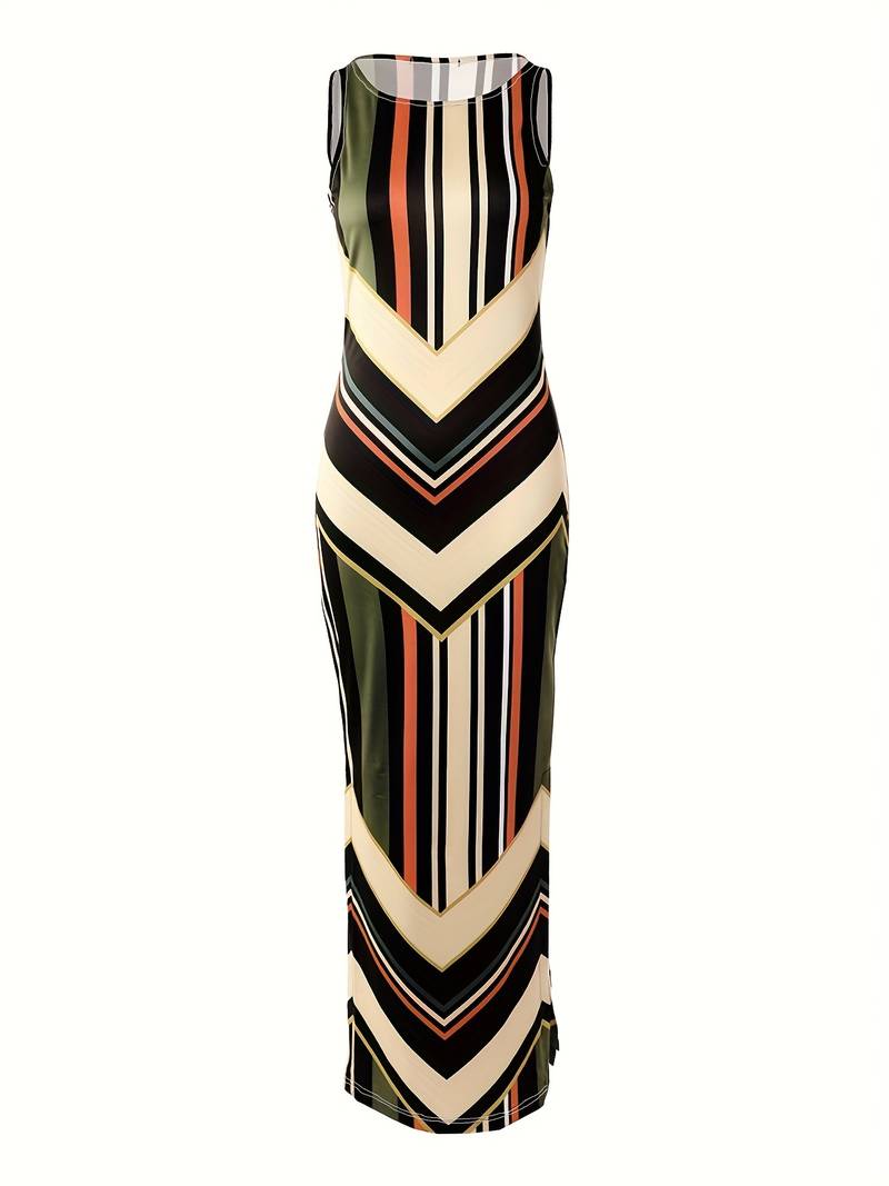 Robe Maxi Femme - Sans Manches - Fendue Côté - Coupe Moulante - Motif Géométrique