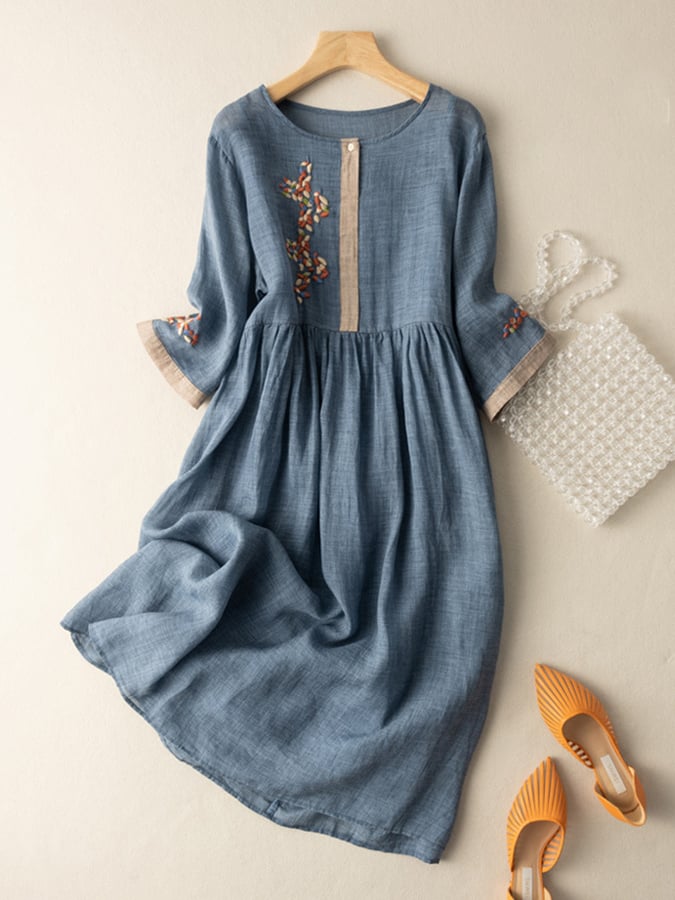 Robe femme midi – Coupe ample – Manches 3/4 – Fibre naturelle – Détails brodés