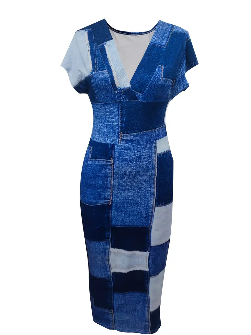 Robe Midi Femme - Cintrée Patchwork Denim - Manches Courtes Col V Chic