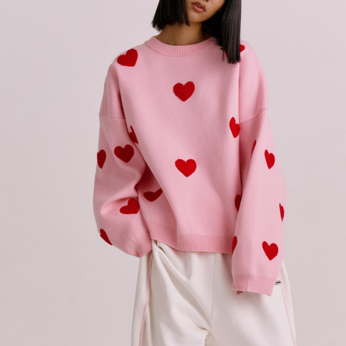 Sweat-shirt femme – Maille douce – Coupe oversize – Motif cœurs – Manches longues