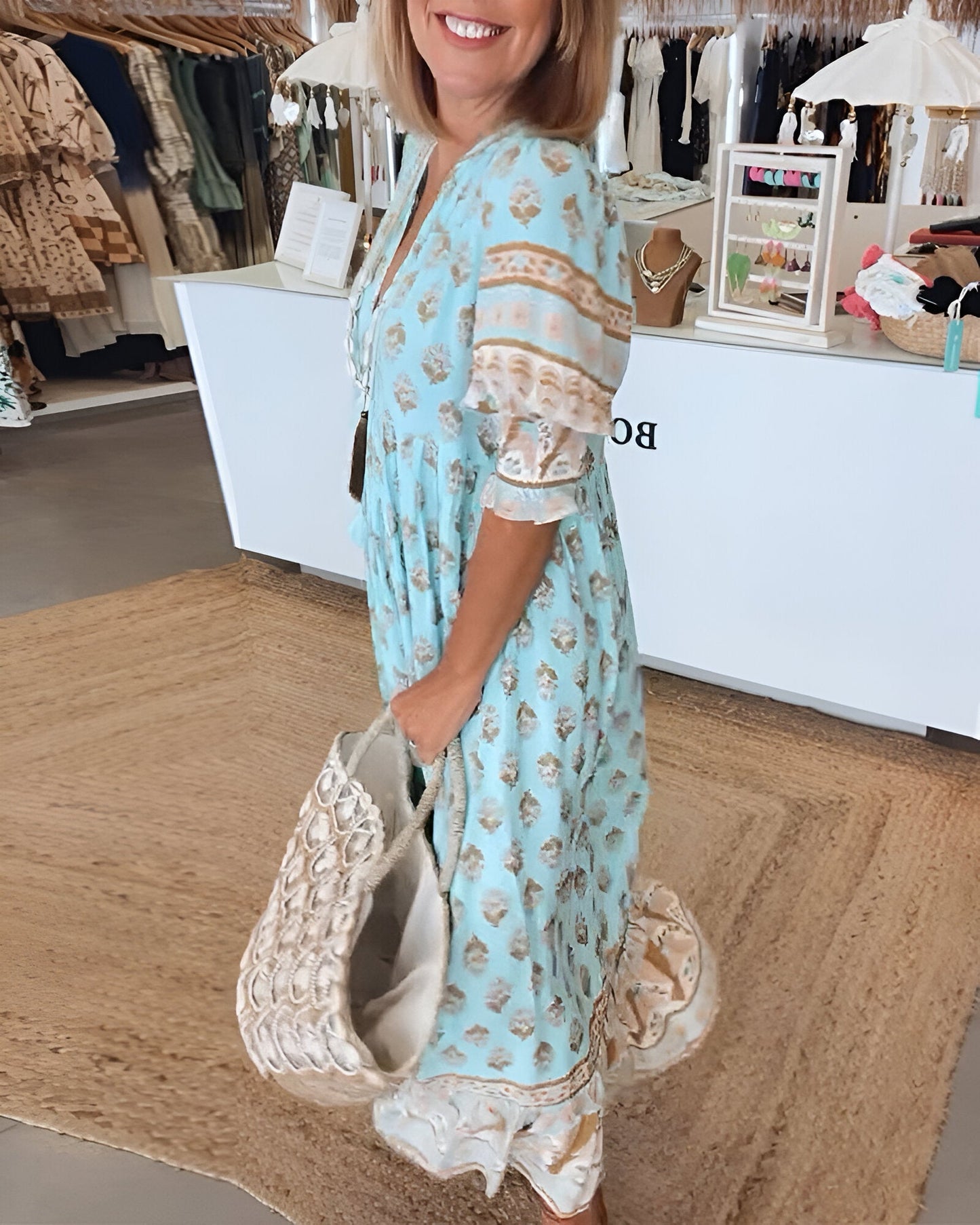 Robe longue femme – Tissu naturel – Motif bohème – Manches 3/4 – Coupe fluide