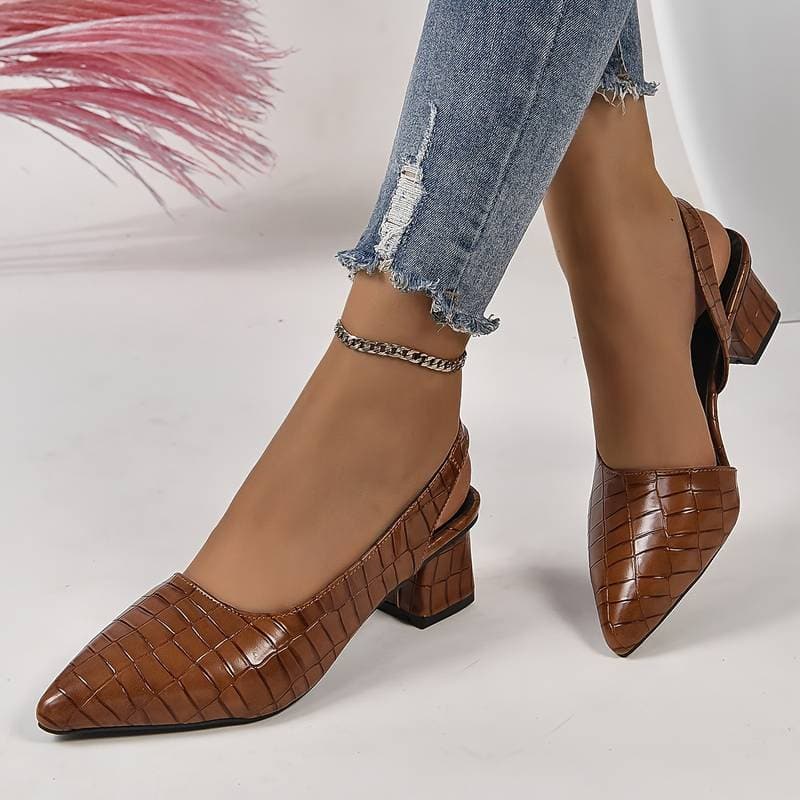 Sandales Slingback Femme - Talon Bloc Confort - Bout Pointu - Effet Cuir Croco