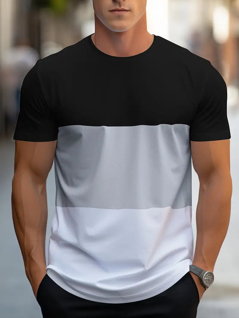 T-shirt homme - Coupe régulière - Col rond - Manches courtes - Motif color block