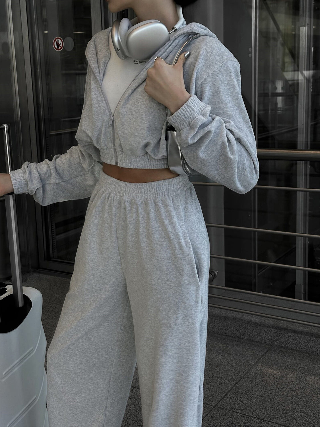 Ensemble de Jogging Femme - Veste Courte Zippée avec Capuche - Pantalon Taille Haute