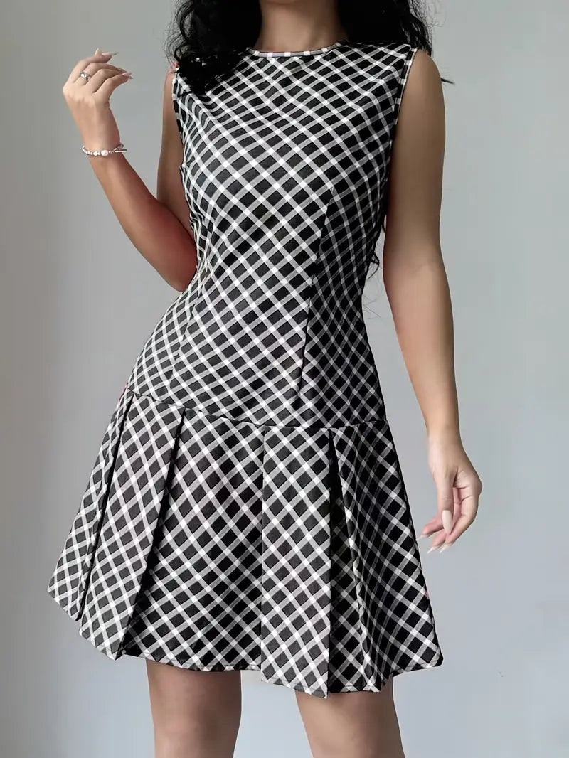 Robe Femme Sans Manches - Coupe Cintrée - Motif Carreaux - Jupe Évasée