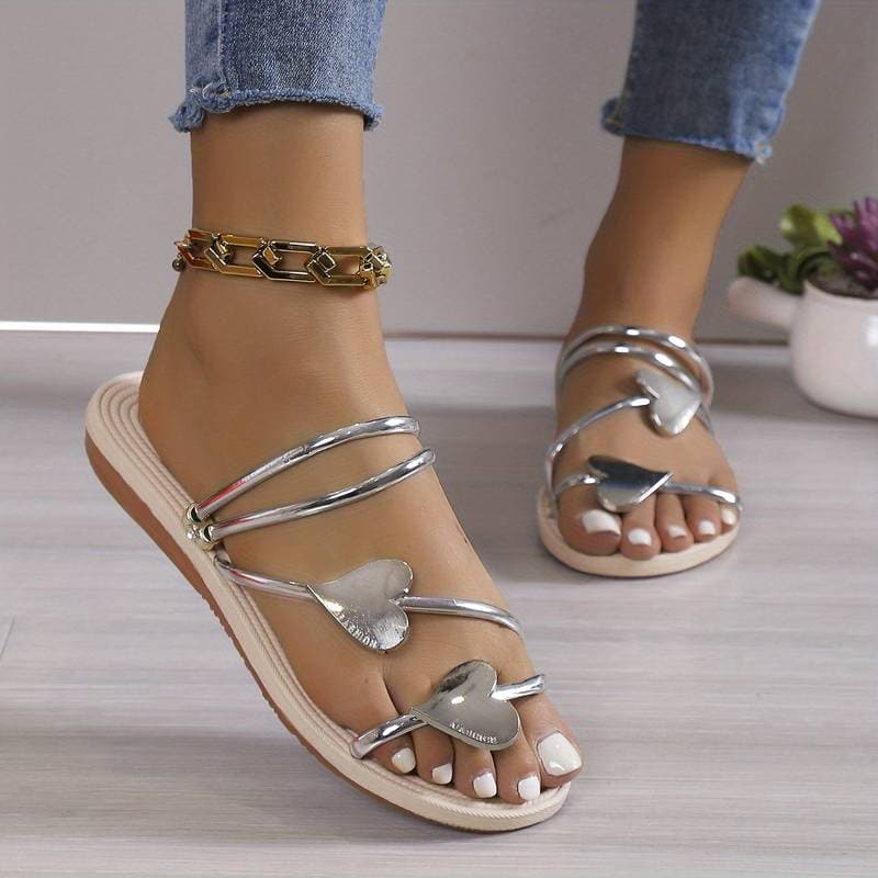 Sandales Femme - Multiples Brides avec Détails Cœur - Confort Plat et Élégant