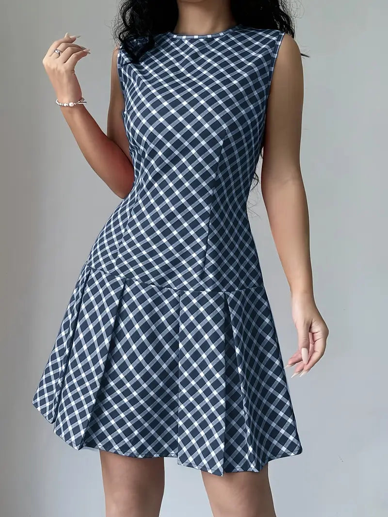 Robe Femme Sans Manches - Coupe Cintrée - Motif Carreaux - Jupe Évasée