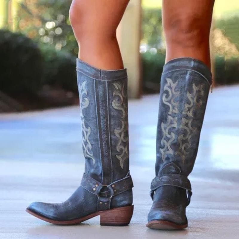 Bottes western en cuir pour femme - Hauteur genou - Bout pointu - Talon bas - Broderie élégante