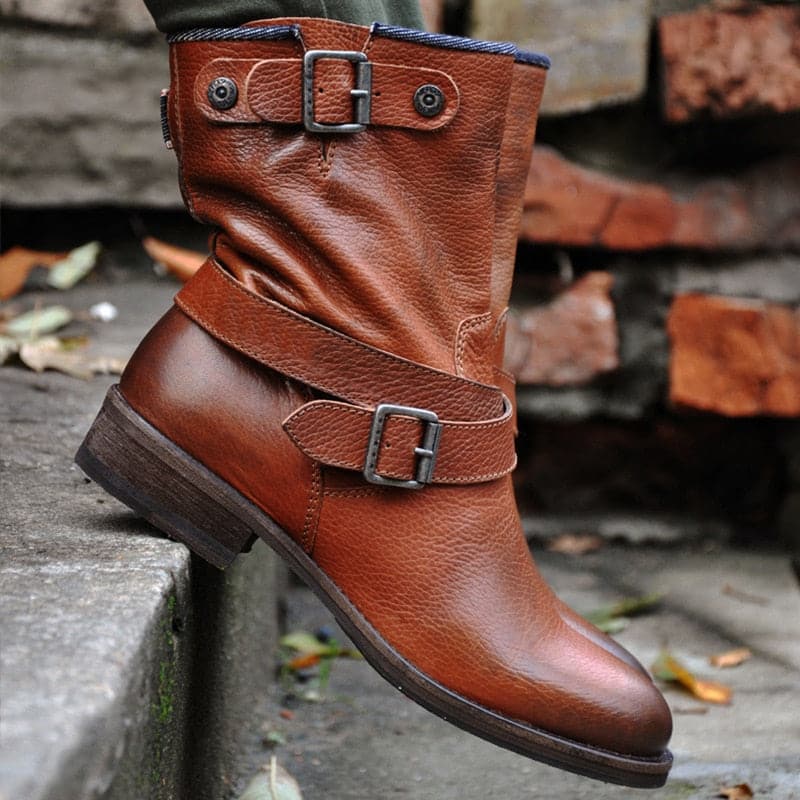 Bottines Femme - Cuir Véritable - Bout Rond - Talon Bas Confortable - Boucles Décoratives