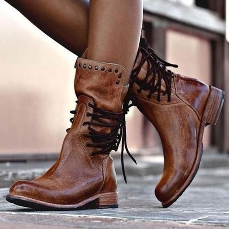 Bottes Femme en Cuir - Hauteur Mi-Mollet - Lacets et Clous Décoratifs - Talon Bloc