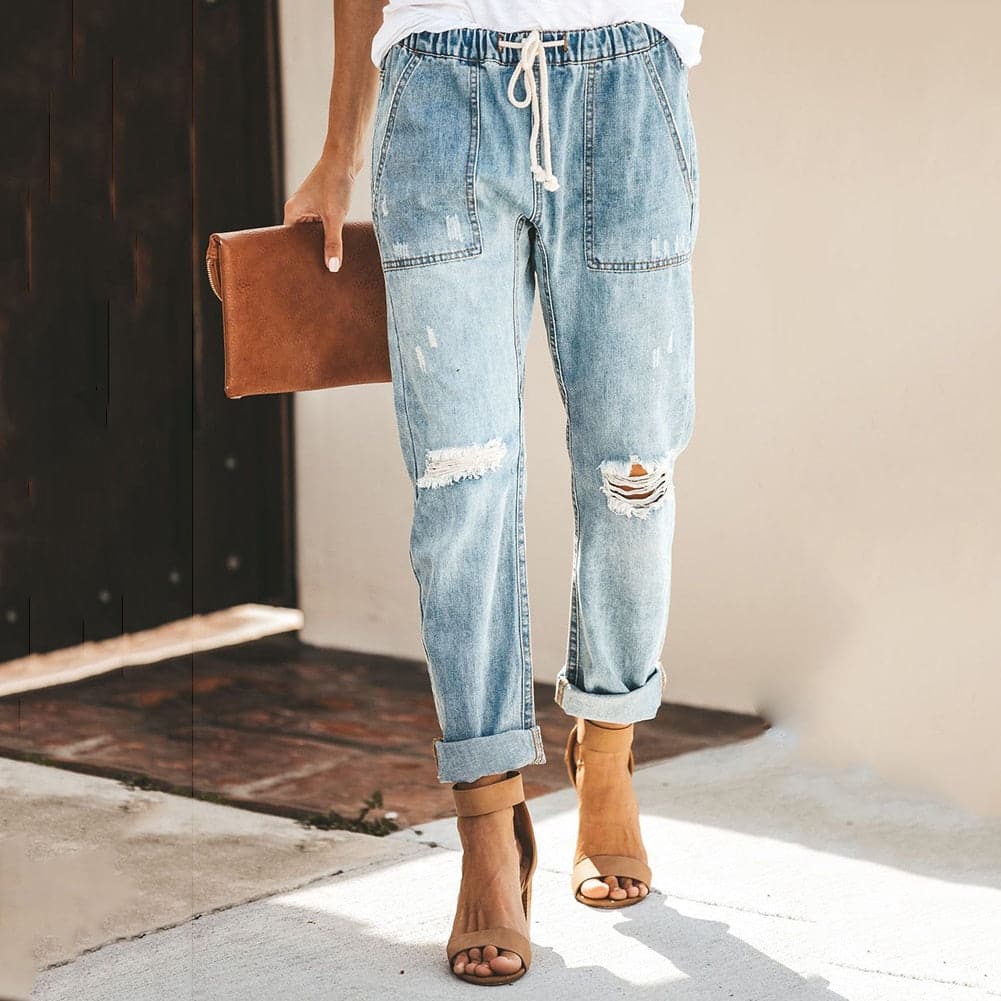Jean Femme - Taille Haute - Ceinture Intégrée - Effet Déchiré - Coupe Ajustée