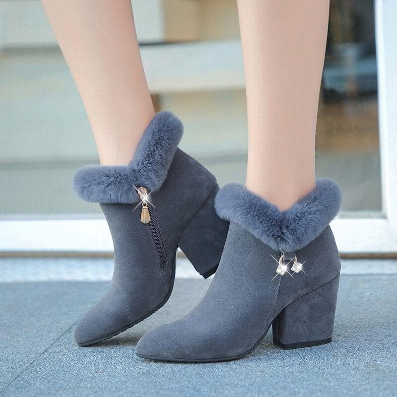 Bottines Femme - Talon Haut Élégant - Doublure Fourrée - En Daim avec Fermeture Éclair