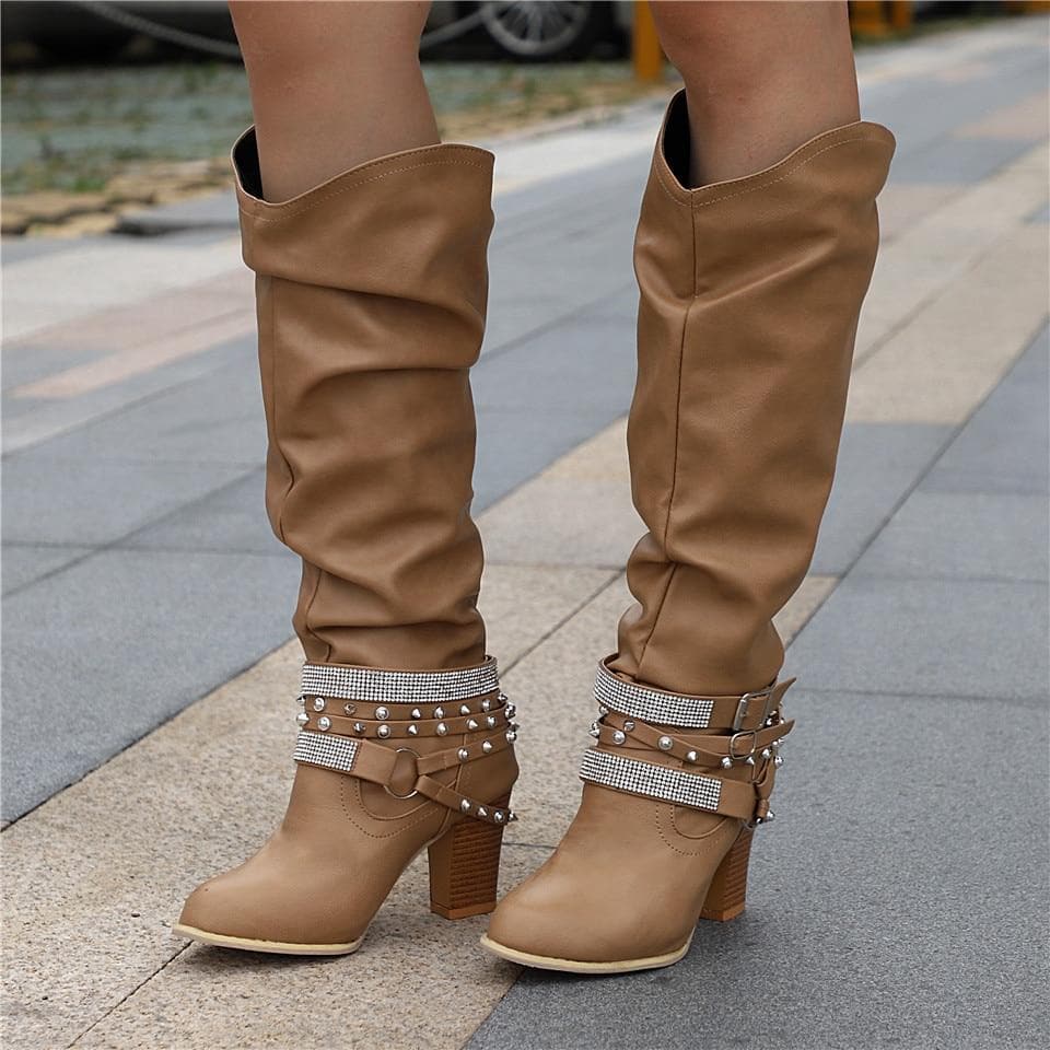 Bottes Hautes Femme - Cuir Élégant - Talon Bloc Confort - Détails Cloutés Mode
