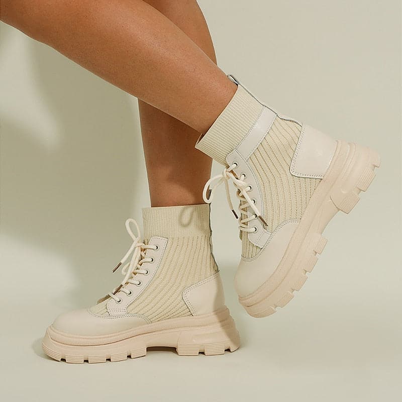 Bottines Femme - Cuir et Maille - Lacets Ajustables - Semelle Épaisse Confortable