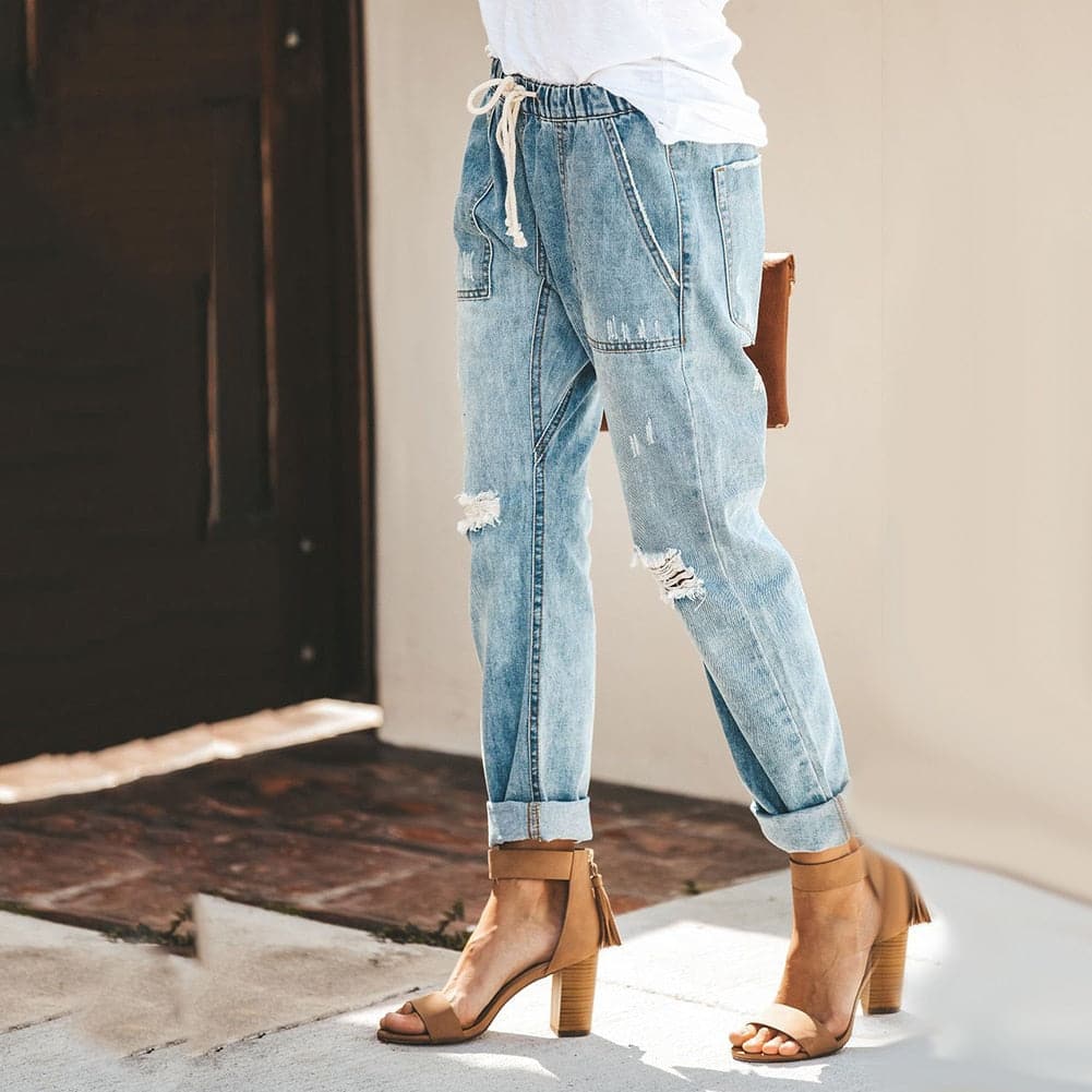 Jean Femme - Taille Haute - Ceinture À Nouer - Coupe Confortable - Style Décontracté