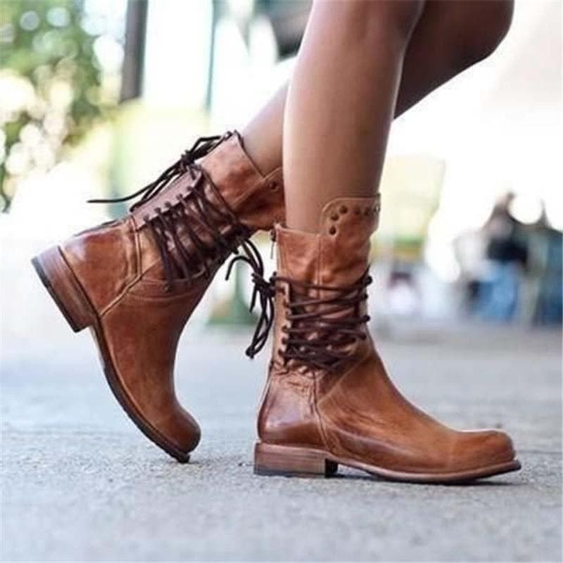 Bottes Femme en Cuir - Hauteur Mi-Mollet - Lacets et Clous Décoratifs - Talon Bloc