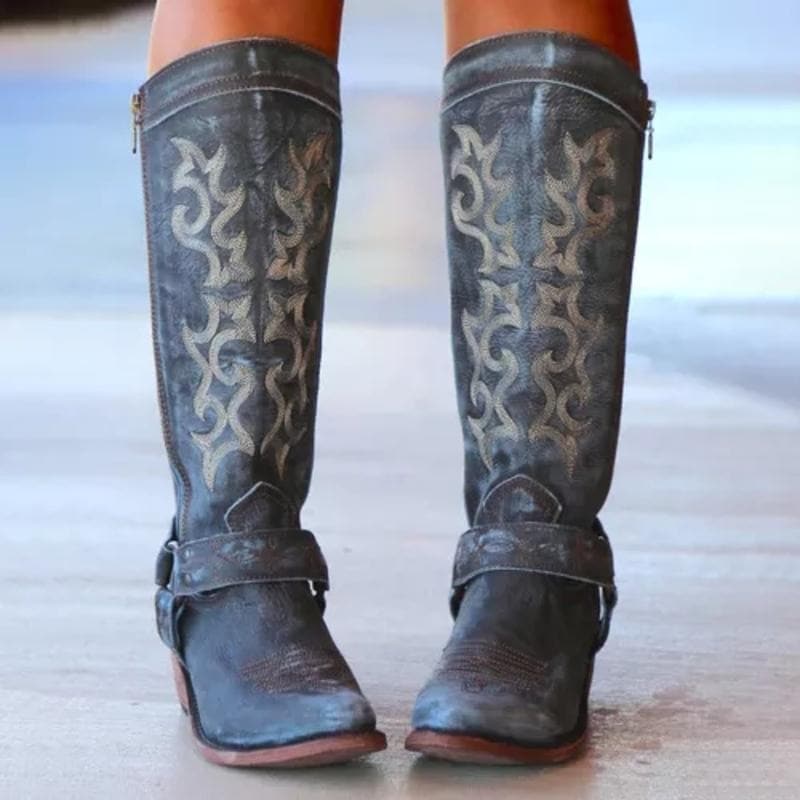 Bottes western en cuir pour femme - Hauteur genou - Bout pointu - Talon bas - Broderie élégante