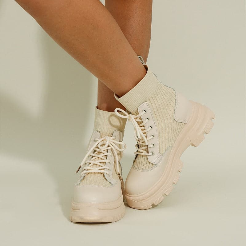Bottines Femme - Cuir et Maille - Lacets Ajustables - Semelle Épaisse Confortable
