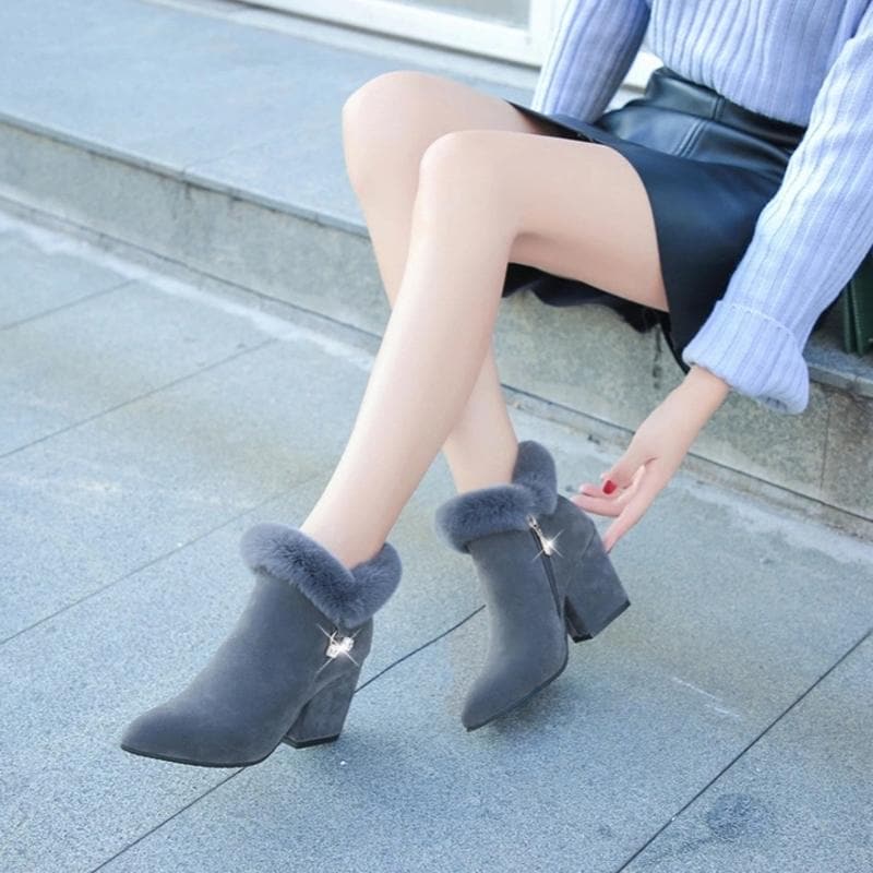 Bottines Femme - Talon Haut Élégant - Doublure Fourrée - En Daim avec Fermeture Éclair