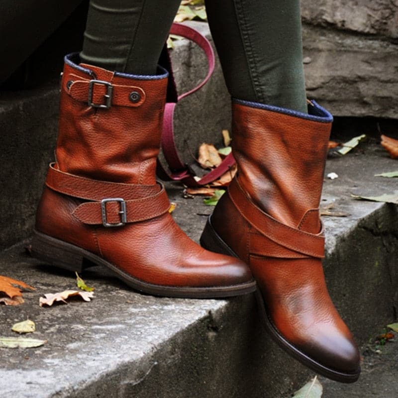 Bottines Femme - Cuir Véritable - Bout Rond - Talon Bas Confortable - Boucles Décoratives