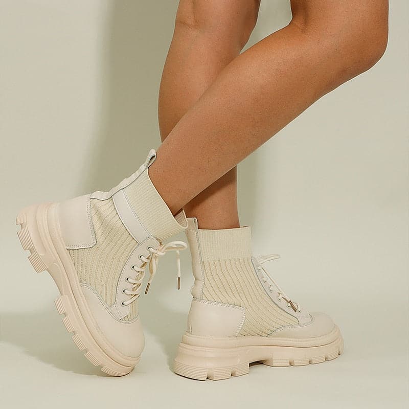 Bottines Femme - Cuir et Maille - Lacets Ajustables - Semelle Épaisse Confortable
