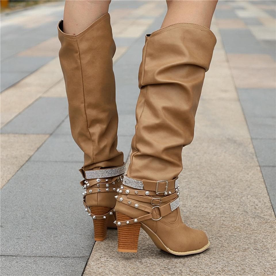 Bottes Hautes Femme - Cuir Élégant - Talon Bloc Confort - Détails Cloutés Mode