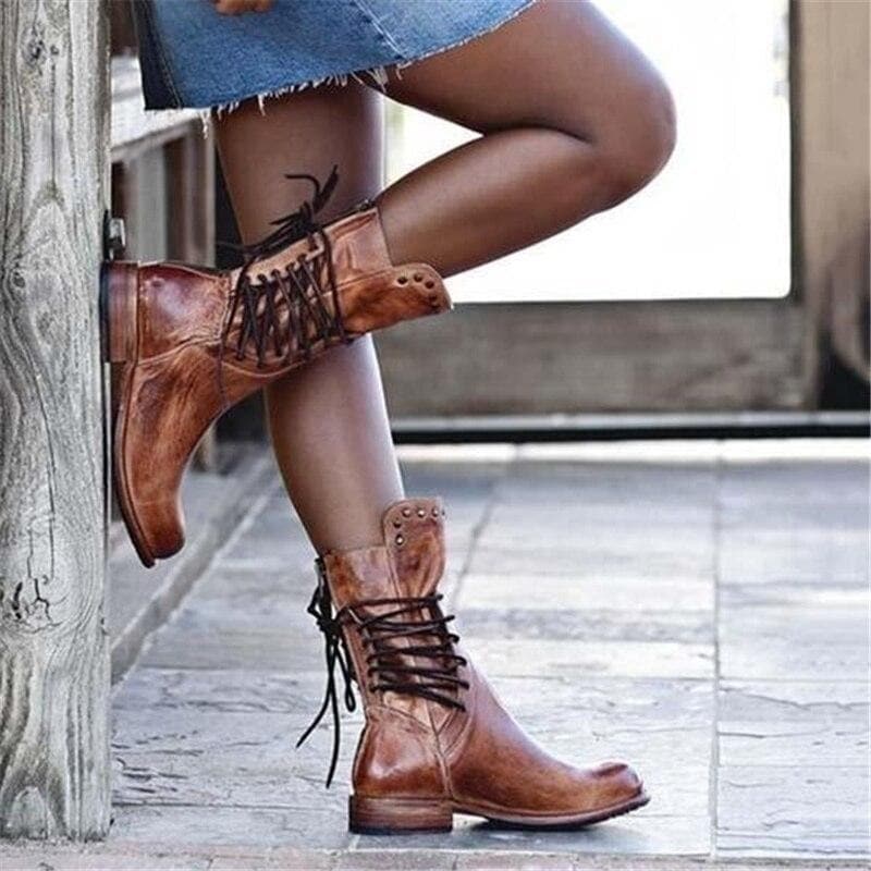 Bottes Femme en Cuir - Hauteur Mi-Mollet - Lacets et Clous Décoratifs - Talon Bloc