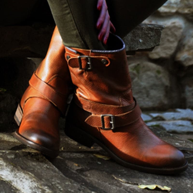 Bottines Femme - Cuir Véritable - Bout Rond - Talon Bas Confortable - Boucles Décoratives
