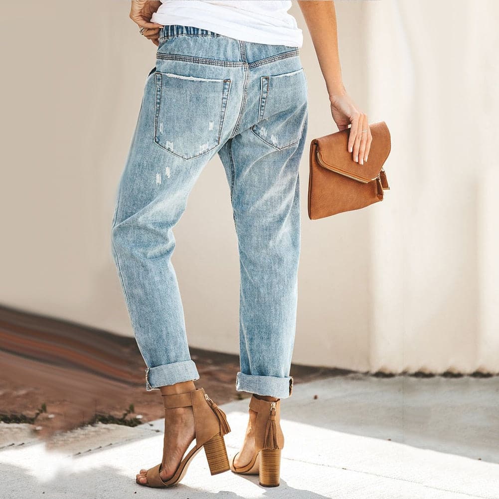 Jean Femme - Taille Haute - Ceinture Intégrée - Effet Déchiré - Coupe Ajustée