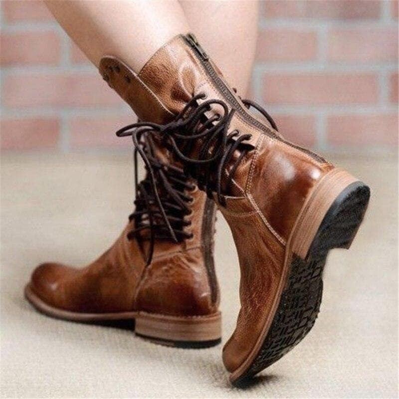Bottes Femme en Cuir - Hauteur Mi-Mollet - Lacets et Clous Décoratifs - Talon Bloc