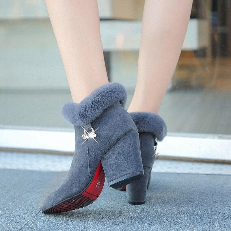 Bottines Femme - Talon Haut Élégant - Doublure Fourrée - En Daim avec Fermeture Éclair