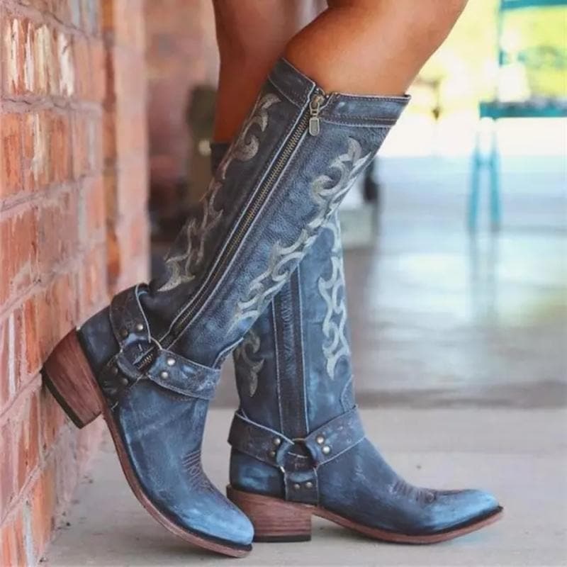 Bottes western en cuir pour femme - Hauteur genou - Bout pointu - Talon bas - Broderie élégante