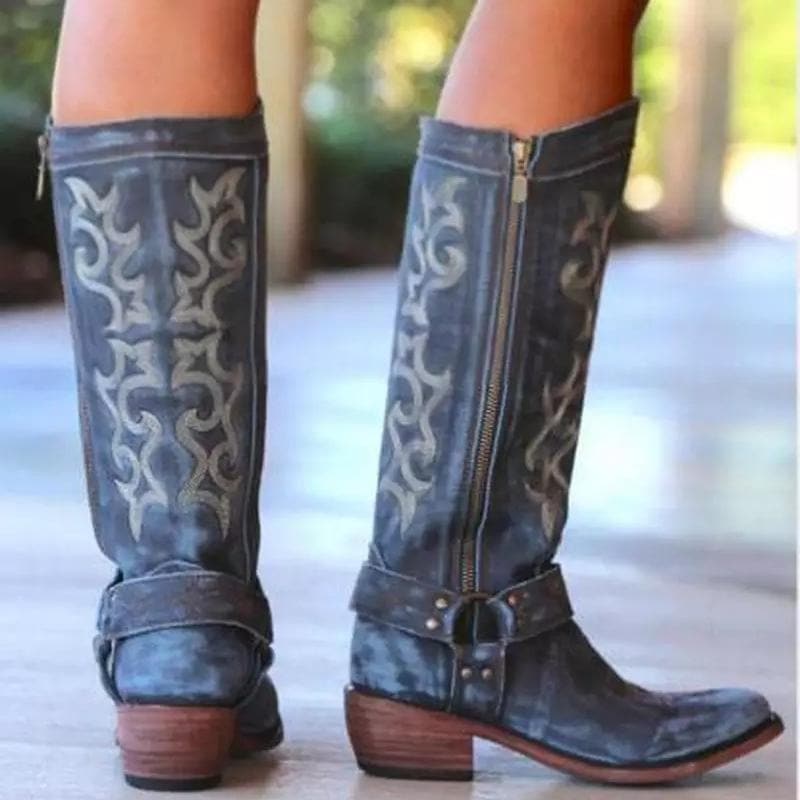 Bottes western en cuir pour femme - Hauteur genou - Bout pointu - Talon bas - Broderie élégante