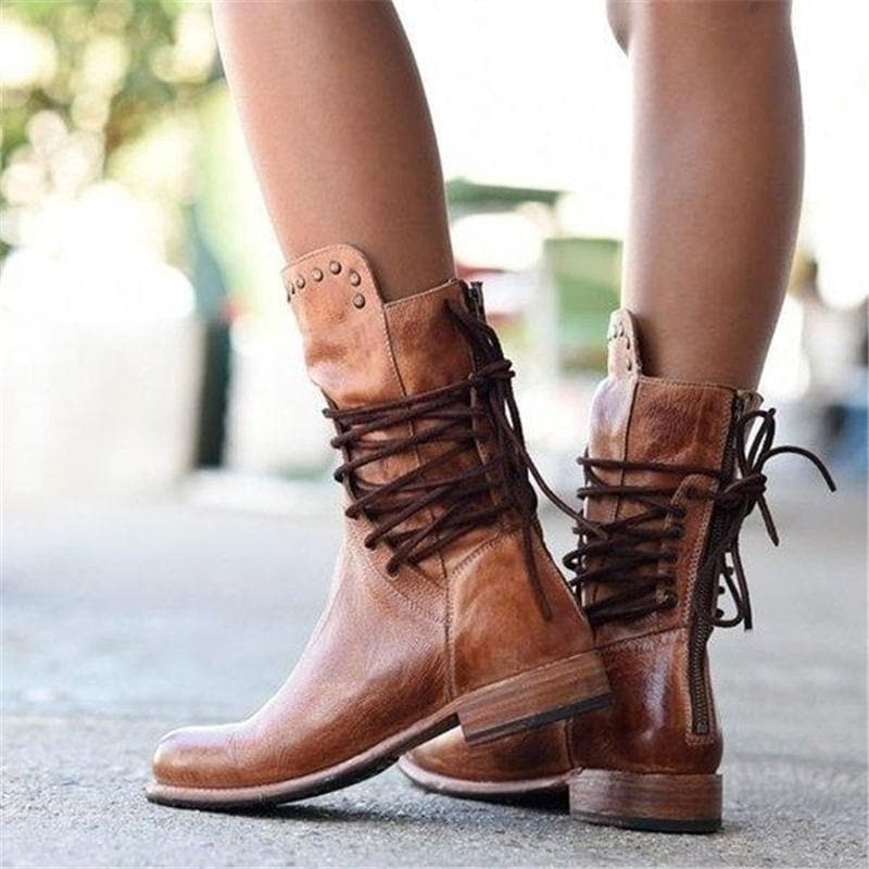 Bottes Femme en Cuir - Hauteur Mi-Mollet - Lacets et Clous Décoratifs - Talon Bloc