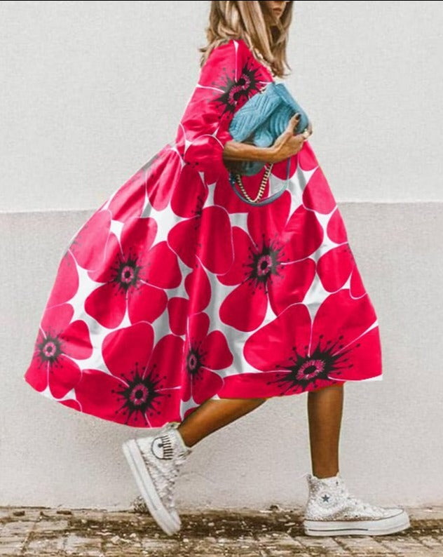 Robe Maxi Femme - Fluide et Confortable - Manches 3/4 - Col Rond - Motif Fleuri