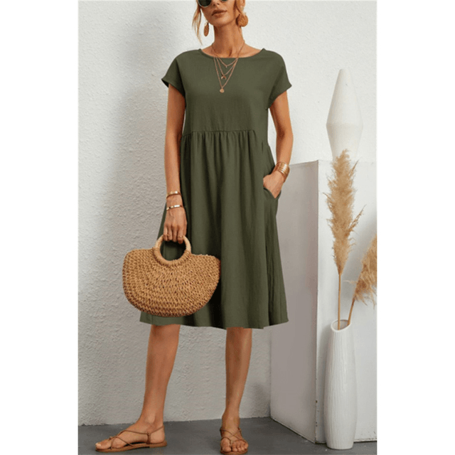 Robe midi d'été minimaliste pour femmes - Coton lin respirant et décontracté