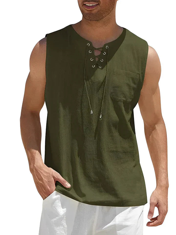 Débardeur homme – Coupe décontractée – Devant lacé – Poche poitrine – Tissu respirant