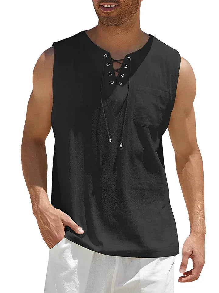 Débardeur homme – Coupe décontractée – Devant lacé – Poche poitrine – Tissu respirant