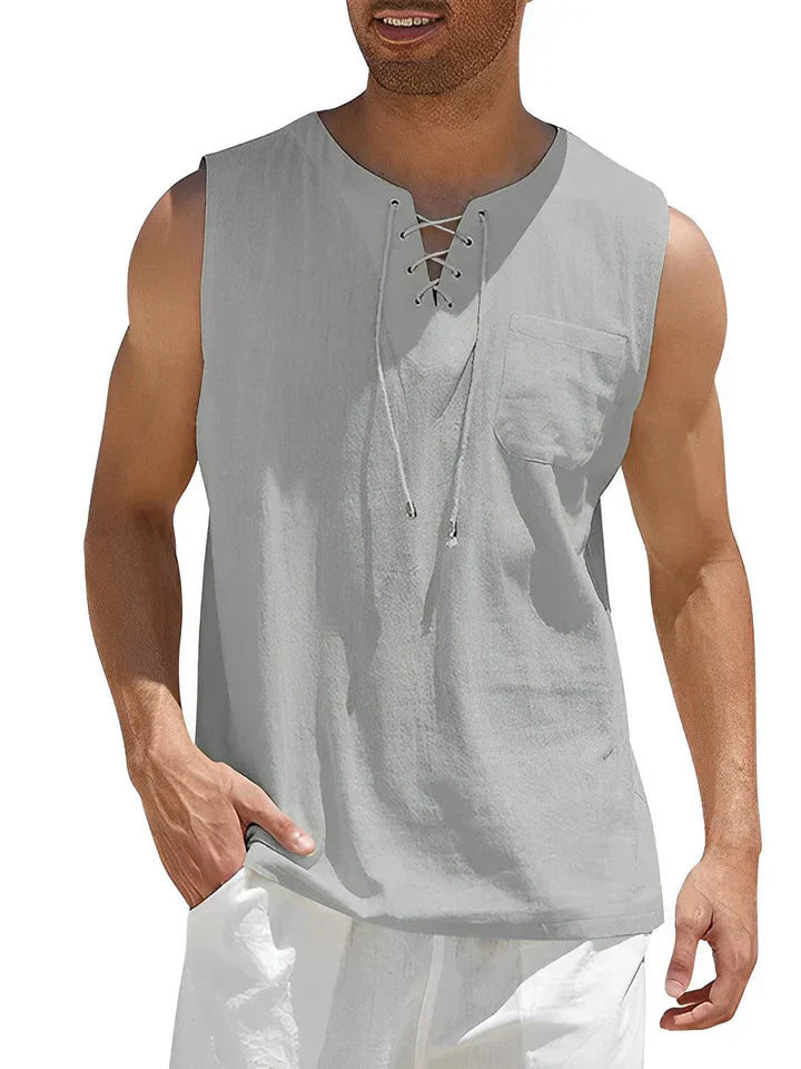 Débardeur homme – Coupe décontractée – Devant lacé – Poche poitrine – Tissu respirant