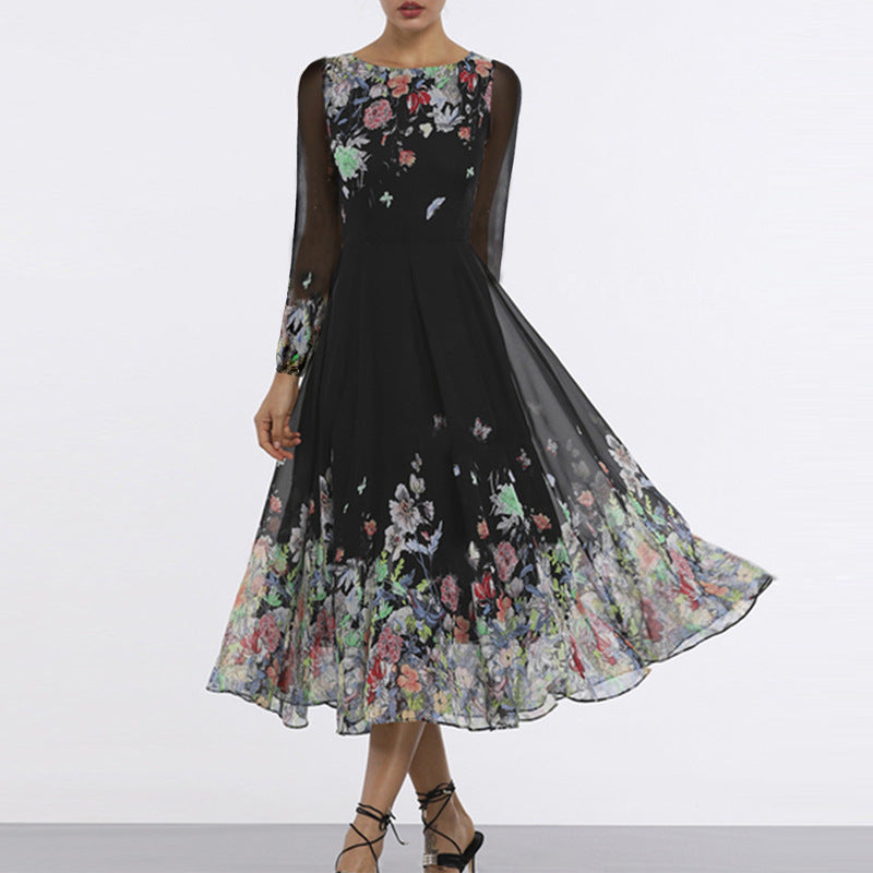 Robe longue femme – Tulle léger – Appliqués floraux – Manches transparentes – Coupe élégante
